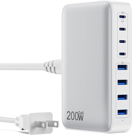 USB C Charger 200W USB C Charger Block,Upgraded GaN III 8-Port Fast Charging Station Hub,PD 65W Laptop Charging Adapter Compatible with MacBook Pro/Air,DELL,Steam Deck,iPhone 16/15/14,Galaxy S23/22