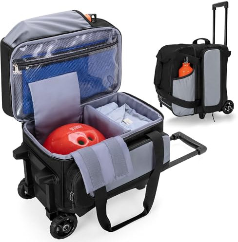 GOBUROS Sac de bowling à roulettes avec roulettes et poignée rétractable extensible jusqu'à 90 cm, sac pour boules de bowling simple avec compartiment à chaussures et plusieurs poches pour