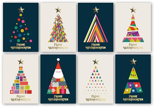 Weihnachtskarten Pack à 32 Stück. Jedes Weihnachtskarten-Multipack enthält 8 verschiedene Weihnachtsbaum-Motive. 3D-Goldfolie. Karten, Umschläge und Schachtel umweltfreundlich, recycelbar