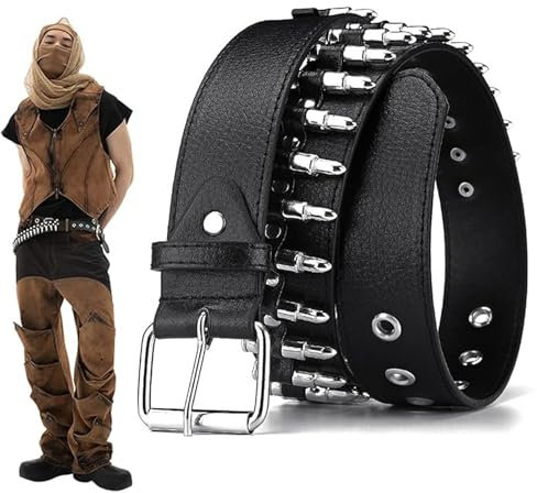 CPRNQY Bullet Belt - Punk Nieten Gürtel für Damen & Herren, 115cm, Studded, Schwarz