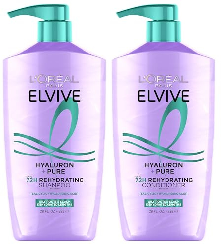 L'Oreal Paris Elvive Hyaluron + Pure Shampoo and Conditioner Set, Clarifying Shampoo and Rehydrating Conditioner with Salicylic Acid and Hyaluronic Acid, 1 Kit