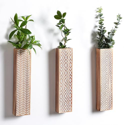 DoubleFill 3 Pcs Boho Wood Wall Planters Boho Geometric Hanging Planter Wood Wall Vase for Decor Artificial Flower Plants Farmhouse Indoor Plants for Living Room, Bedroom