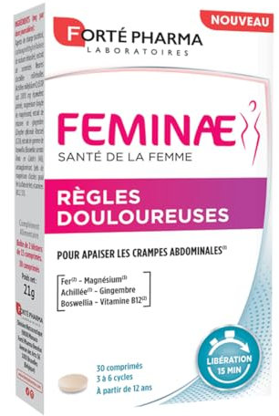 Forté Pharma - Feminae Règles Douloureuses - Dès 12 ans - Achillée, fer, magnésium, gingembre - Complément alimentaire - Confort menstruel, crampes abdominales - 30 comprimés, 3 à 6 cycles