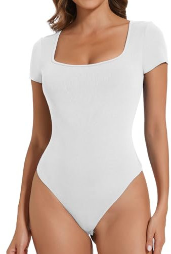 Joyshaper Women Bodysuits Short Sleeve Ladies Tops Square Neck Body Suits Casual T-shirts Ribbed Solid Leotard White,M