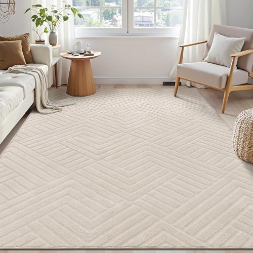 Enyhom Teppich Wohnzimmer 160 x 230 cm, Creme Waschbar Teppich - 3D Effekt rutschfest Teppiche für Schlafzimmer, Esszimmer, Kinderzimmer Küche Wohnzimmerteppich Boho Geometrisch