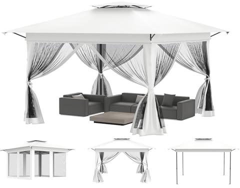 Aufun Trädgårdspaviljong Pop Up paviljong 4 x 4 m, vattentät UV-skydd stabil vikbar paviljong 3 nivåer justerbar höjd trädgårdstält med 4 myggnät, sidodelar och dubbeltak, partytält inkl. bärväska