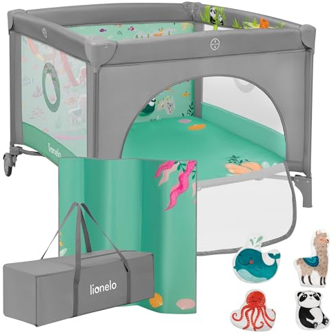 lionelo Parque de Juegos Infantil Mille Plus hasta 15 kg, de 0 a 36 meses, Entrada Lateral, Base acolchada 3D, 2 Ruedas con Freno, Plegable, Bolsa de Transporte incluida