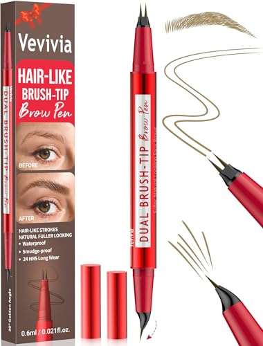 Vevivia Augenbrauenstift - Eyebrow Pen with Dual-Brush-Tip & Curved Tip for Natürliche Augenbrauen, Precise Hair-Like Strokes for All Brow Types, Last All-Day Brow Makeup, Light Brown
