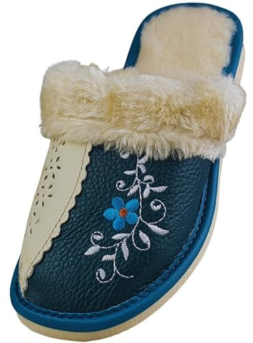 APREGGIO - Pantofole da Donna in Pelle Naturale - Ciabatte Calde con Fodera in Lana d’Agnello, Ricamo e Fori Traspiranti - Suola Antiscivolo - Taglia 36