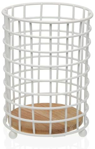 DRW Soporte para Utensilios de Cocina de Metal y Madera en Blanco 13x13x18cm