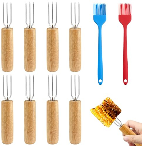BITEFU 8 forchette per patate, legno naturale, forchetta per patate, forchetta da carne, forchetta di mais, spiedini, forchetta per verdure e grigliate, con 2 spazzole in silicone