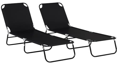 Outsunny Lot de 2 Bain de Soleil, Chaise Longue Pliante, transat Jardin extérieur avec Dossier inclinable sur 5 Positions, Structure en Acier, pour Patio, Piscine, terrasse, 188x56x28cm, Noir