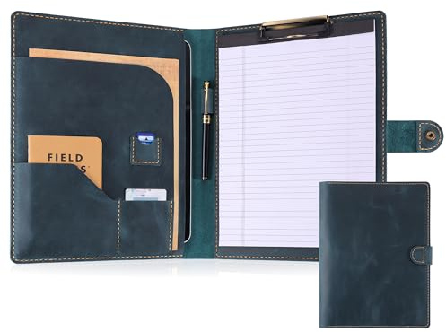 Läderportfölj för män och kvinnor – vintage padfolio med urklipp, återuppta och dokumentorganiserare för A4 brevstorlek skrivplatta – affärsmapp för kontor och konferens (blå)