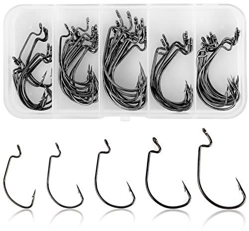 VIPMOON 50PCS Fishing Hooks High Carbon Steel Worm Senko Bait Jig Fish Hooks with Plastic Box,5 Size 2#, 1#,1/0, 2/0, 3/0