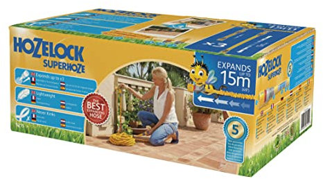 HOZELOCK - Ausdehnbarer Gartenschlauch Superhoze 15 M: Flexibler Schlauch, dehnt sich auf das 3-fache seiner ursprünglichen Länge aus, m. 2 Aquastop-Anschlüsse für eine dichte Verbindung, [8215A1240]