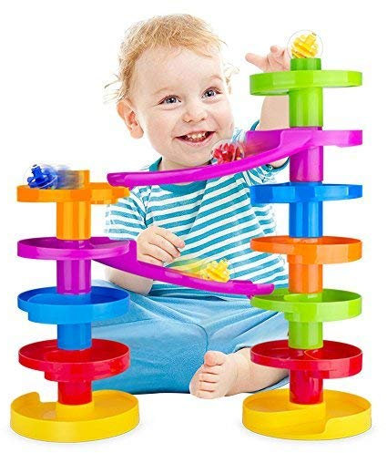 WEofferwhatYOUwant Kugelbahn Montessori mit Brücke – Bunte Murmelbahn ab 1 Jahr für Babys & Kleinkinder – Rollbahn Lernspielzeug zur Motorikförderung, Spaß & Koordination