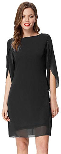 Damen Chiffon Sommer Kleid Langarm Loose Fit Midi Abend Party Kleid L Schwarz CL888-1