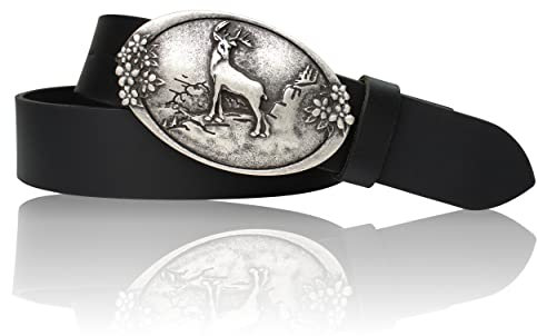 FRONHOFER Trachtengürtel mit ovaler Hirsch-Gürtelschnalle vor Gebirge, echt Leder, Landhausmode, 17004