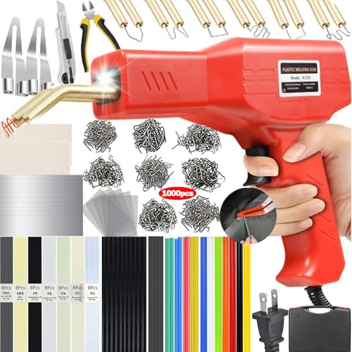 Soldador de plástico mejorado de 220 W, kit de soldadura de plástico 2 en 1, kit de soldadura de reparación de plástico, 1000 pistolas de soldadura de grapadora caliente con 100 varillas de soldadura