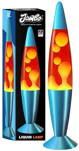 Jambo Lampada vulcano blu con cera che scorre come lava, lampade fantastiche, luci notturne per bambini, adulti, ragazzi (16, base blu, liquido rosso, cera arancione)