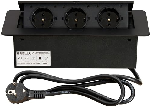 Brollux Versenkbare Einbau Steckdosenleiste 3-Fach - Black-Edition - Aluminium Spritzguss - mit Softöffnung - anschlussfertig mit Kabel und Stecker