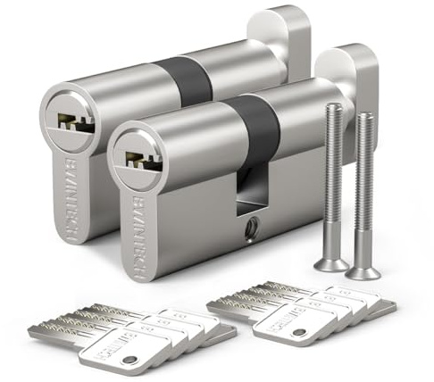 Bwintech 2 Pcs clé alike 30T/30MM euro cylindre de serrure en laiton, 60mm bouton/clé cylindre de serrure avec 10 touches en laiton horizontales, anti cueillette,finition nickel satiné