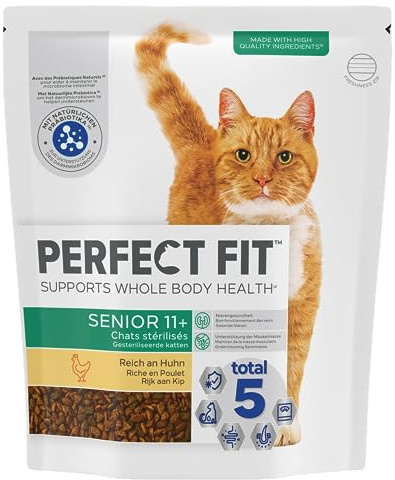PERFECT FIT Senior 11+ Croquettes Gourmandes pour Chat Senior Stérilisé – Nourriture Riche en Poulet – 1,4 kg (Lot de 5)