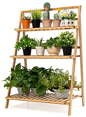 RELAX4LIFE Blumenständer Klappbar, Pflanzenregal 3-stufig, Blumenleiter aus Bambus, Freistehendes Blumenregal, Pflanzenständer für Balkon Terrasse Garten Wohnzimmer