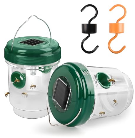 yingd Trampa para avispas, paquete de 2 trampas para avispas para colgar al aire libre, reutilizables, impermeables, amarillas con luz LED, trampas eficaces para avispones con energía solar, atrapador