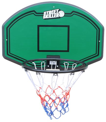 StreetkiLLER basketkorg med 43 cm diameter, bräda, flätat basketnät och väggfäste, inklusive monteringstillbehör. För barn och vuxna, inomhus- och utomhusbruk (grön/svart)