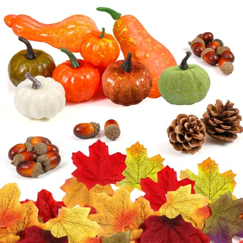 50 stycken pumpa-höstdekorationsset, konstgjord pumpkin, höst tacksägelse dekorationer, pumpa höstdekoration, konstgjorda lönnblad, små ekollon, grankottar och pumpa, mini konstgjorda pumpor