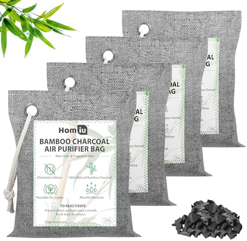 Homiu Bamboo Charcoal Air Purifying Bags - 4 Pack 200g Natural Odour Eliminator - Activated Charcoal Odour Absorber - Air Fresheners for Room Shoe Deodoriser Car Air freshener - Moisture Absorber