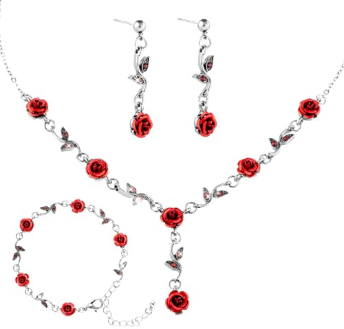 Yolev Ensemble de Bijoux en Rose Rouge pour Femmes Bijoux de Mariée Collier Pendentif Bracelet Boucles D'oreilles Ensemble de Bijouxs Vintage en Or Rose pour Filles Femmes avec Mariage (Argent)