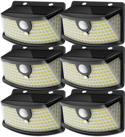 Aootek New Solar Motion Sensor Lights 120 LEDs with Lights Reflector,270° Wide Angle, IP65 Waterproof, Step Lights for Front Door, Yard, Garage, Deck (Black, Daylight White, 6-Pack)