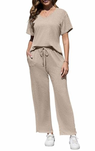 Yutdeng Ensemble 2 Pièces Femme en Côtelé Tenue de Détente Survêtement Décontracté Ourlet Fendu Manches Courtes à Col en V et Pantalon à Jambes Larges avec Poches Ensemble de Pyjama,Beige,XL