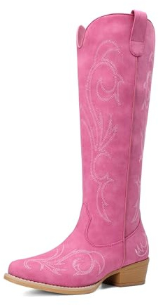 DREAM PAIRS Women's Cowboy Knee High Western Boots,Hot Pink,7.5