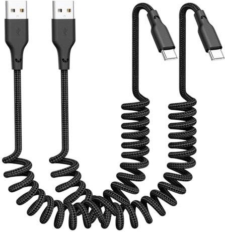 Quickeep Car Carplay Cable 2Pack 3ft Coiled USB A to USB C Fast Charge Cord for iPhone 17/16/15/Plus/Pro Max/MacBook Pro, Auto Coiled Retractable iPhone Car Cord