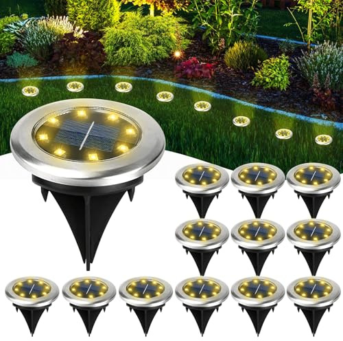 Vegena Solar Lights Outdoor Garden, 12 Pack Solar Garden Lights, 8 LEDs Mini Ground Light, Waterproof Powered Pathway Light for Yard Lawn Patio Pathway