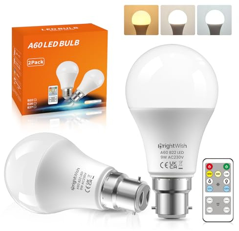 BrightWish Dimmable B22 Bayonet LED Light Bulb 9W, 3-Colour & Remote Control, with Timer and Memory Function, Energy Saving Bulb, 2 Pack for Home Office Lighting