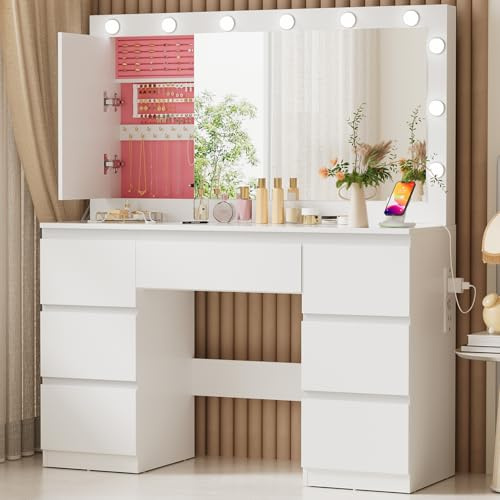 TRIUMPHKEY Dressing Table with Large LED Mirror,Brightness Adjustable,Vanity Table Makeup Desk with 7 Drawers and Power Outlet,Jewelry Storage Cabinet,White Bedroom Furniture
