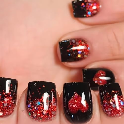 24 Stück Rot Schwarz French Nails Zum Aufkleben - Square Kurz press on nails Mit Glitzer Love Glanz, full Cover glänzende Künstliche Nagel Nagelagelkleber - Geeignet für DIY Weihnachtsnägel Frauen