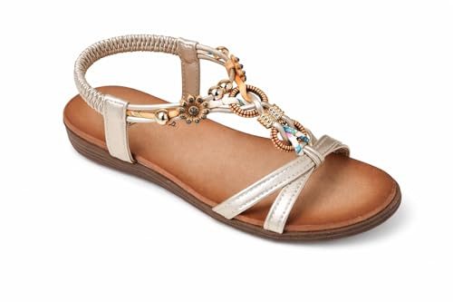 Jo & Joe Ladies Braided T-Strap Design Embellished Trim Elasticated Back Strap Flat Sandals (Gold Flower, UK Footwear Size System, Adult, Women, Numeric, Medium, 6)