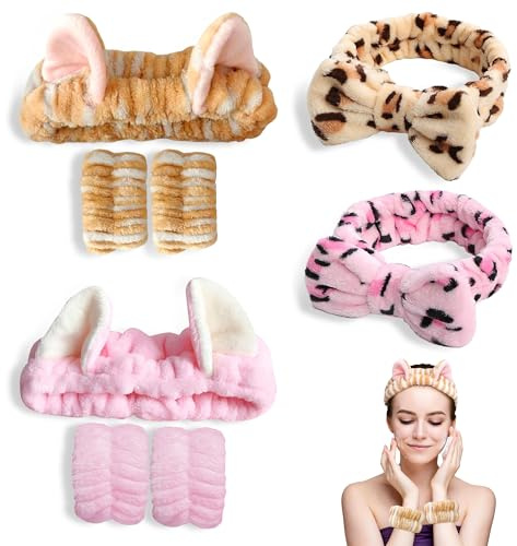 PYSEOSISE 4 Pièces Bandeau Maquillage, Bandeau Spa pour Femmes avec 2 Paires de Bandes Poignet, Bandeaux de Bain Bandeaux Cosmétiques pour Douche Soins du Visage Maquillage et Sport