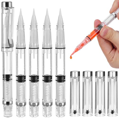 MAJORMENCH Pinceles de Caligrafía Recargables Fibra Artificial Portátil Cuerpo Transparente y Gran Depósito de Tinta Paquete de 5 Unidades para Dibujo y Caligrafía