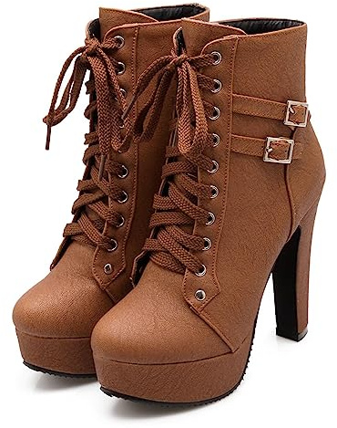 Bellirala Womens Platform Lace Up Biker Boots Chunky High Heel Booties Buckle(brown,US Size 9)