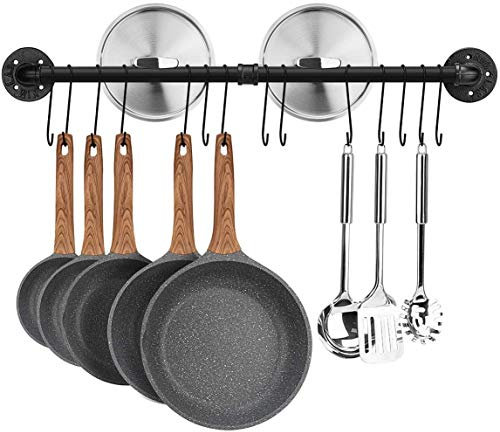 Toplife Barre de Cuisine Industrielle, 80 cm Porte Casserole Mural Cuisine, Support de Pot en Fer avec 14 Crochets pour Ustensiles, Poêlés