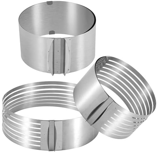 KEILEOHO Cake Ring Set of 3, Cake Layer Slicer Cake Rings Mousse Mold Adjustable with Respective Diameter of 6-8 Inch, 9-12 Inch and 6-12 Inch for Baking, Slicing Cakes