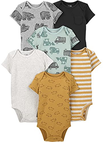 Simple Joys by Carter's Baby Boys' Short-Sleeve Bodysuit, Pack of 6, Bear/Construction/Rhino/Stripes, Premature