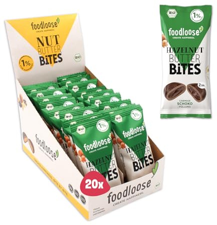 foodloose Bio-Hazelnut Butter Bites Schoko | Leckerer Snack aus Datteln mit cremiger Haselnussmus-Schoko Füllung| Vegan, Bio, glutenfrei & ohne raffinierten Zucker | Vorteilspack (20 x 40g)