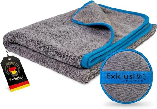 Exklusiv Chemie® 1x Chiffons en Microfibres Q3 470 GSM + éponge à polir à la Main | Grand Chiffon de séchage | Absorbant, Non Pelucheux & ménageant la Peinture | 60 x 90 cm